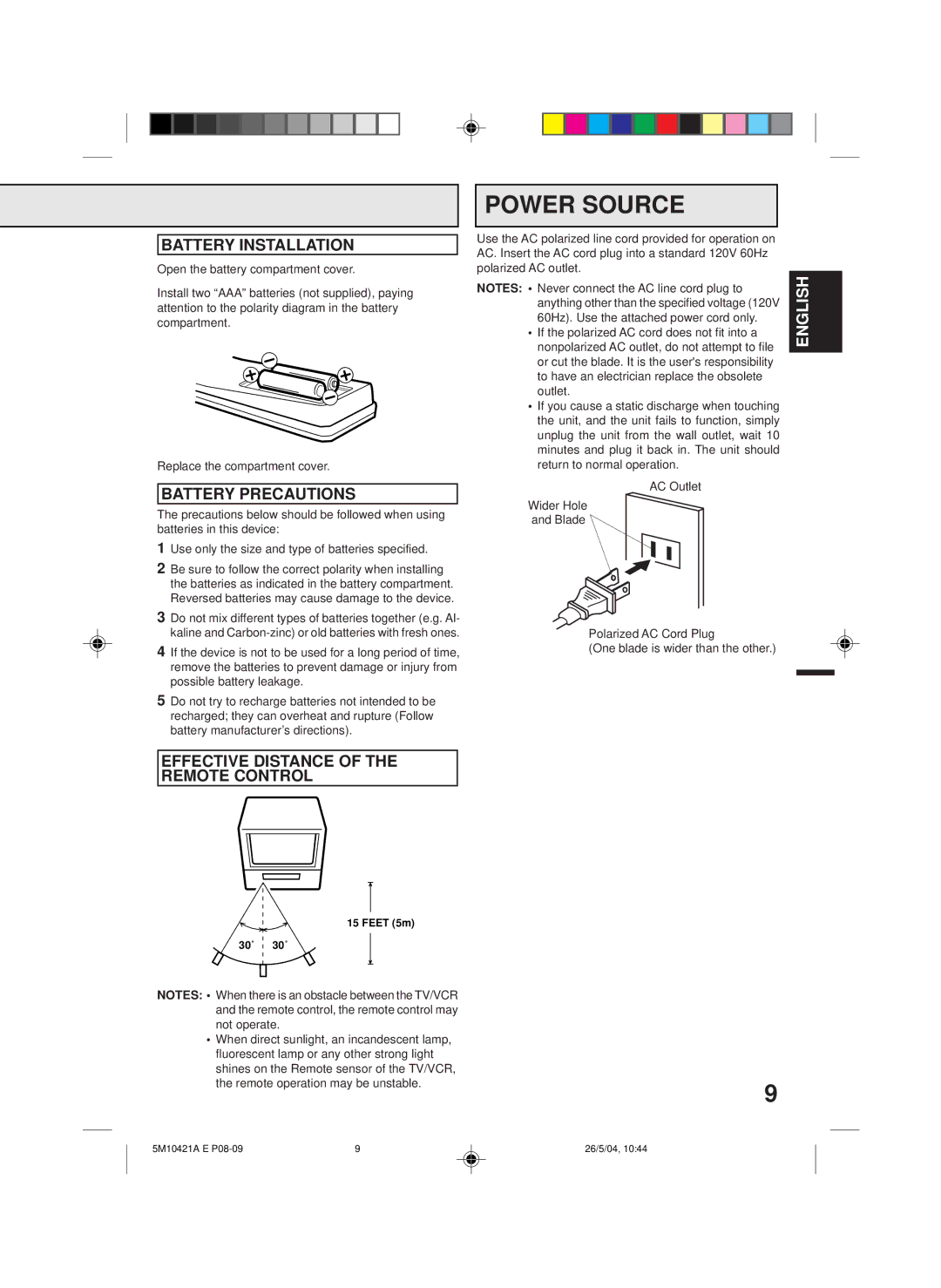 Memorex MVT2194 Power Source, Battery Installation, Battery Precautions, Effective Distance of the Remote Control 