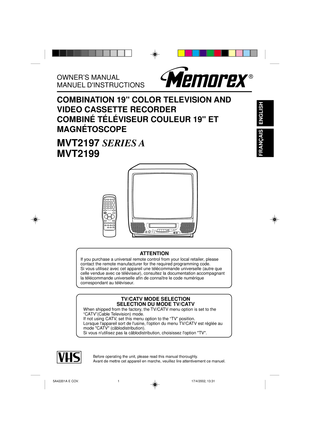 Memorex MVT2199 owner manual MVT2197 Series a, TV/CATV Mode Selection Selection DU Mode TV/CATV 