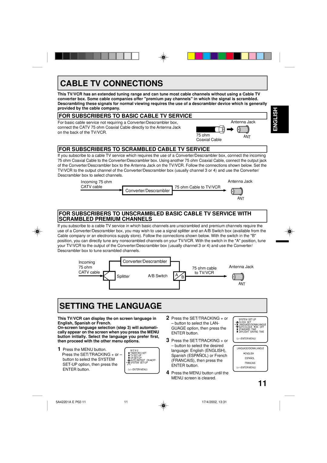 Memorex MVT2197, MVT2199 owner manual Cable TV Connections, Setting the Language, For Subscribers to Basic Cable TV Service 