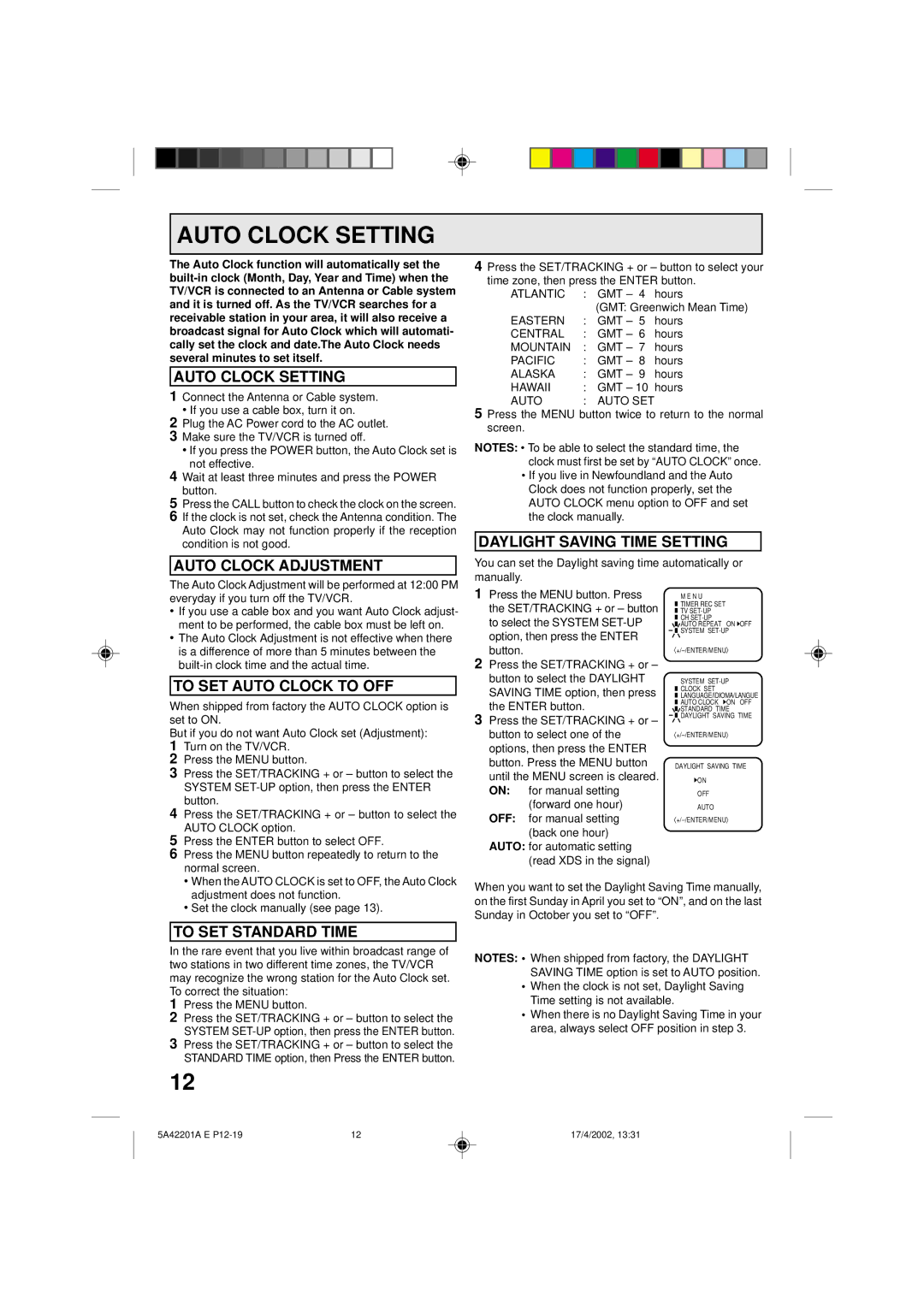 Memorex MVT2199, MVT2197 owner manual Auto Clock Setting 