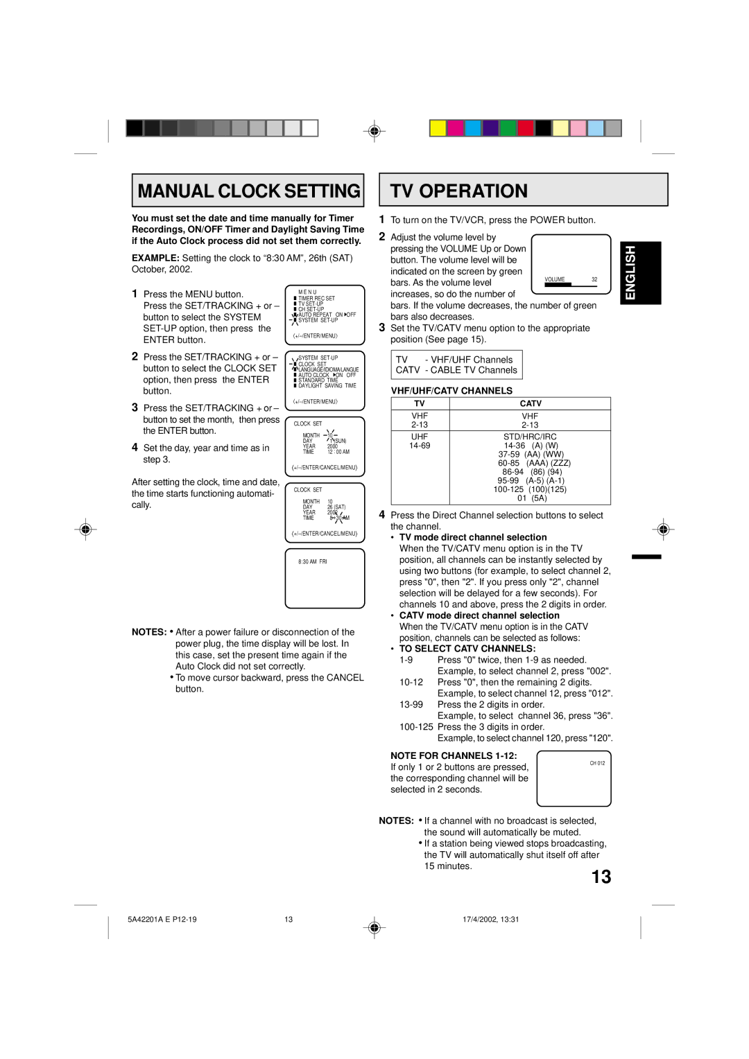 Memorex MVT2197, MVT2199 Manual Clock Setting TV Operation, VHF/UHF/CATV Channels, TV mode direct channel selection 