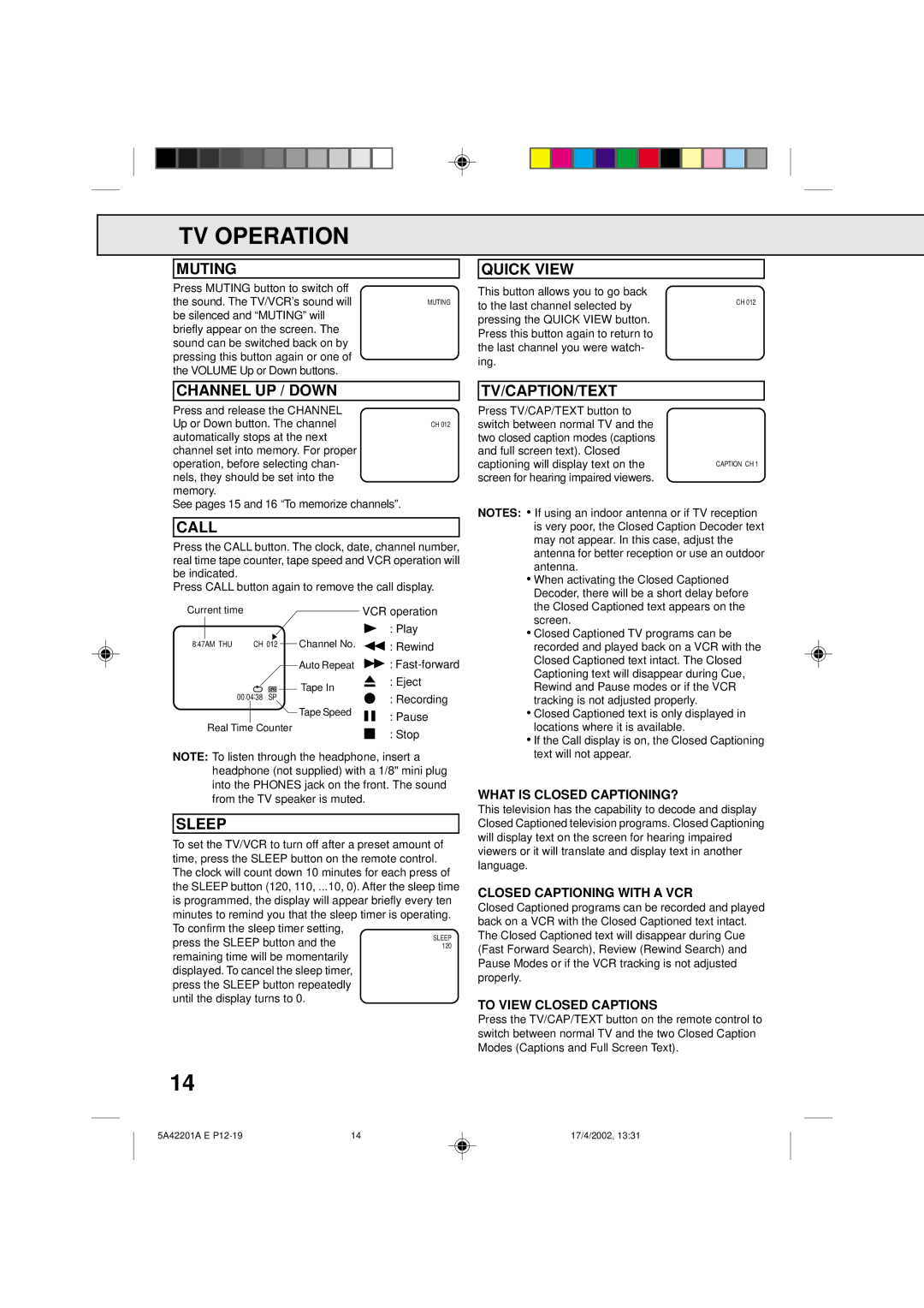 Memorex MVT2199, MVT2197 owner manual Muting, Channel UP / Down, Call, Sleep, Quick View, Tv/Caption/Text 