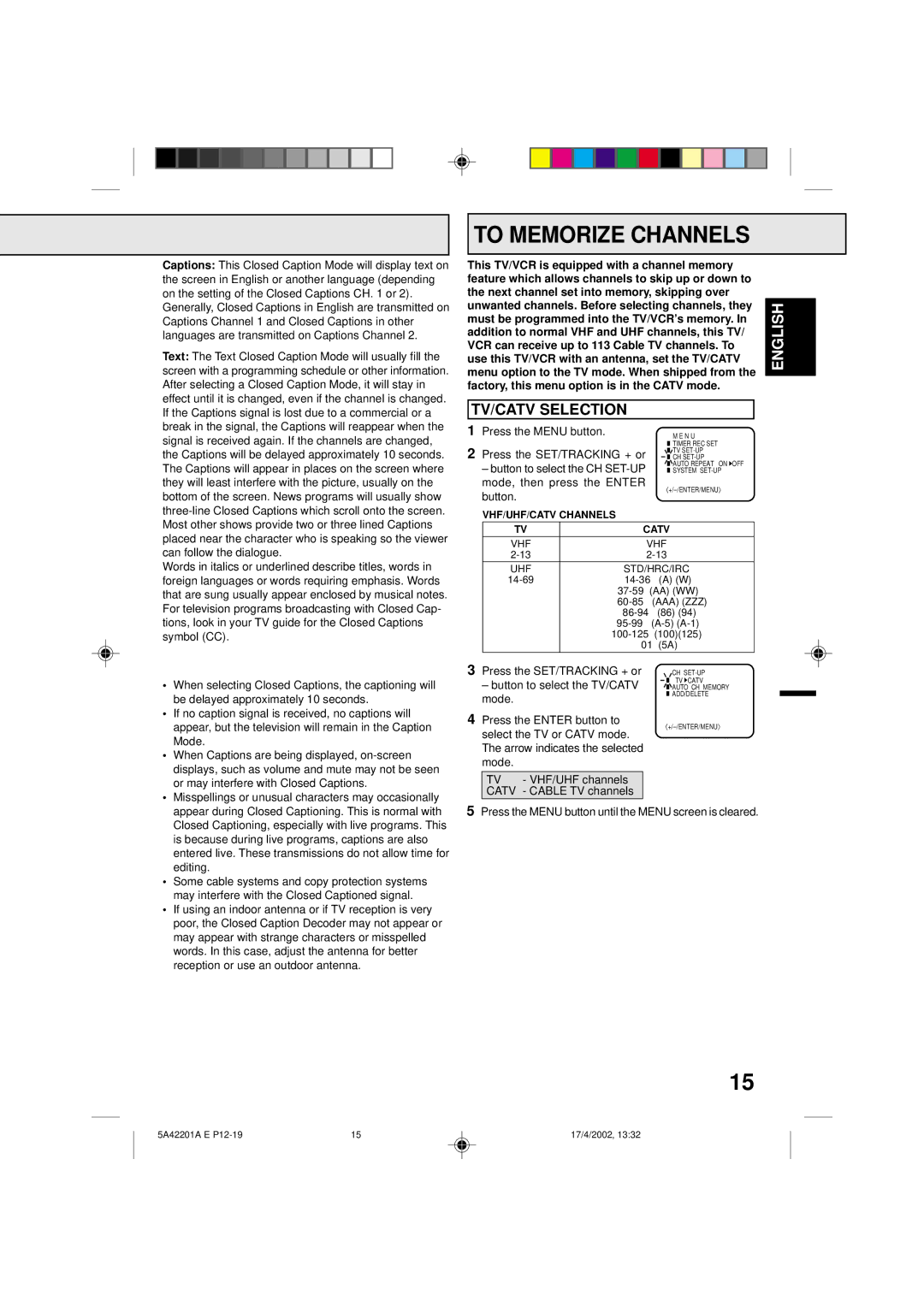 Memorex MVT2197, MVT2199 owner manual To Memorize Channels, TV/CATV Selection 