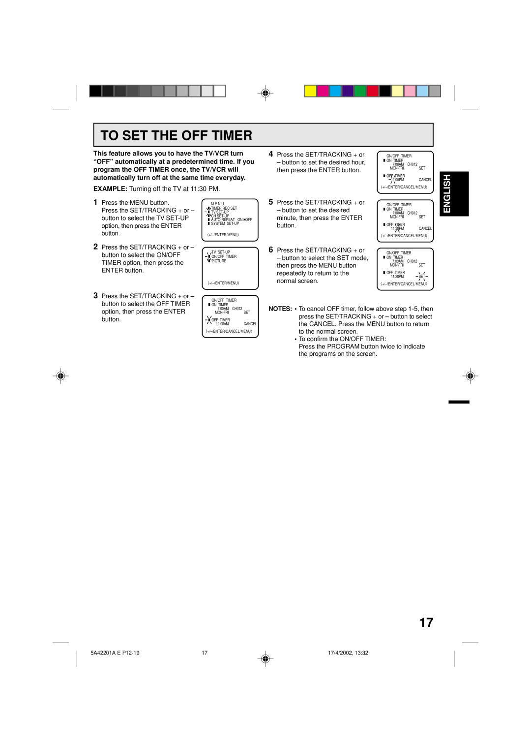 Memorex MVT2197, MVT2199 owner manual To SET the OFF Timer, Example Turning off the TV at 1130 PM 