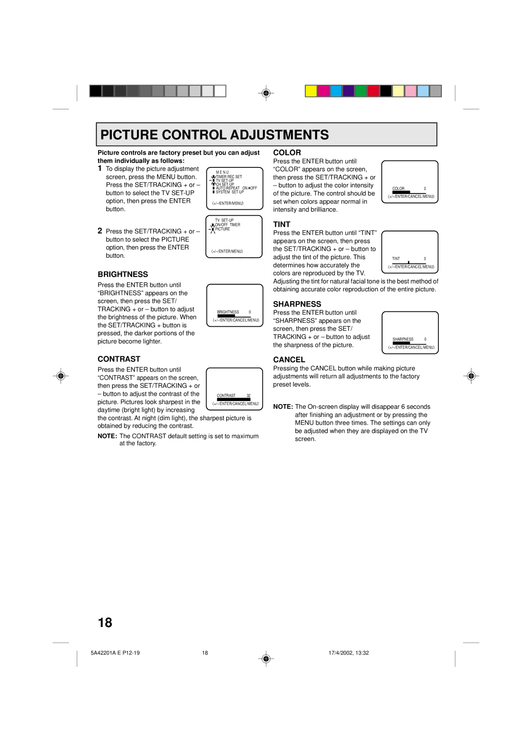 Memorex MVT2199, MVT2197 owner manual Picture Control Adjustments 