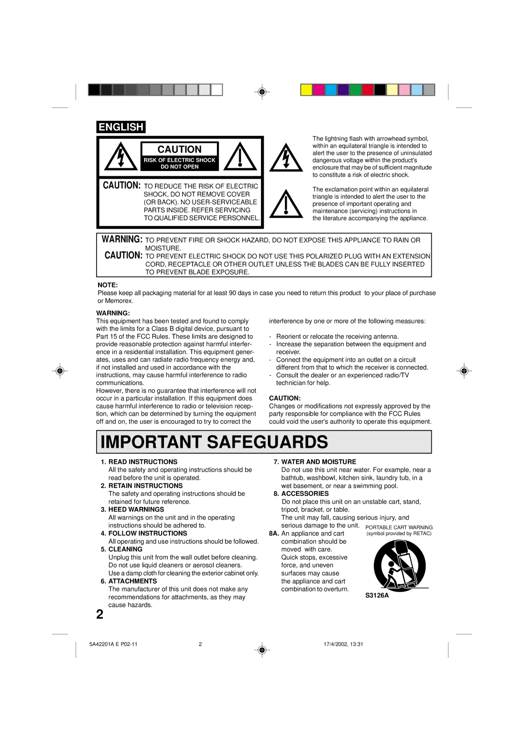 Memorex MVT2199, MVT2197 Read Instructions, Retain Instructions, Heed Warnings, Follow Instructions, Cleaning, Attachments 