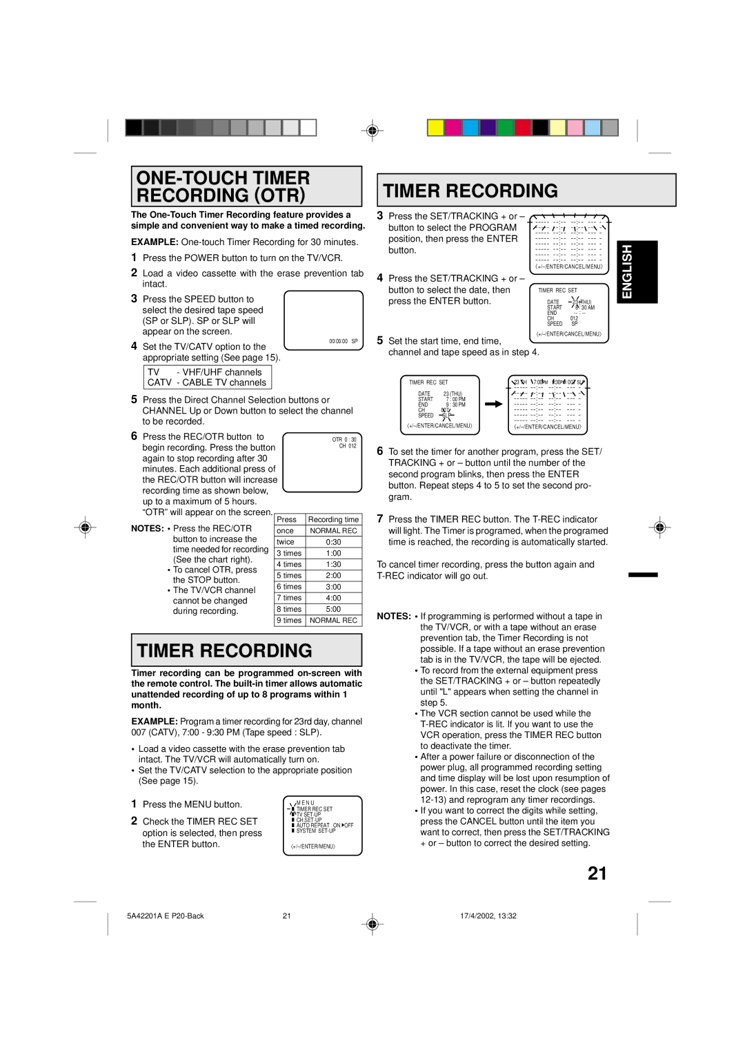 Memorex MVT2197, MVT2199 owner manual ONE-TOUCH Timer Recording OTR 