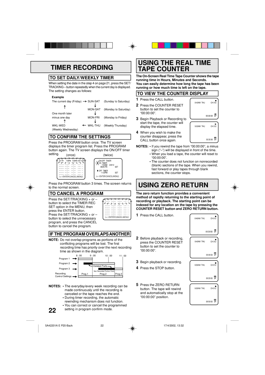 Memorex MVT2199, MVT2197 owner manual Using the Real Time Tape Counter, Using Zero Return 