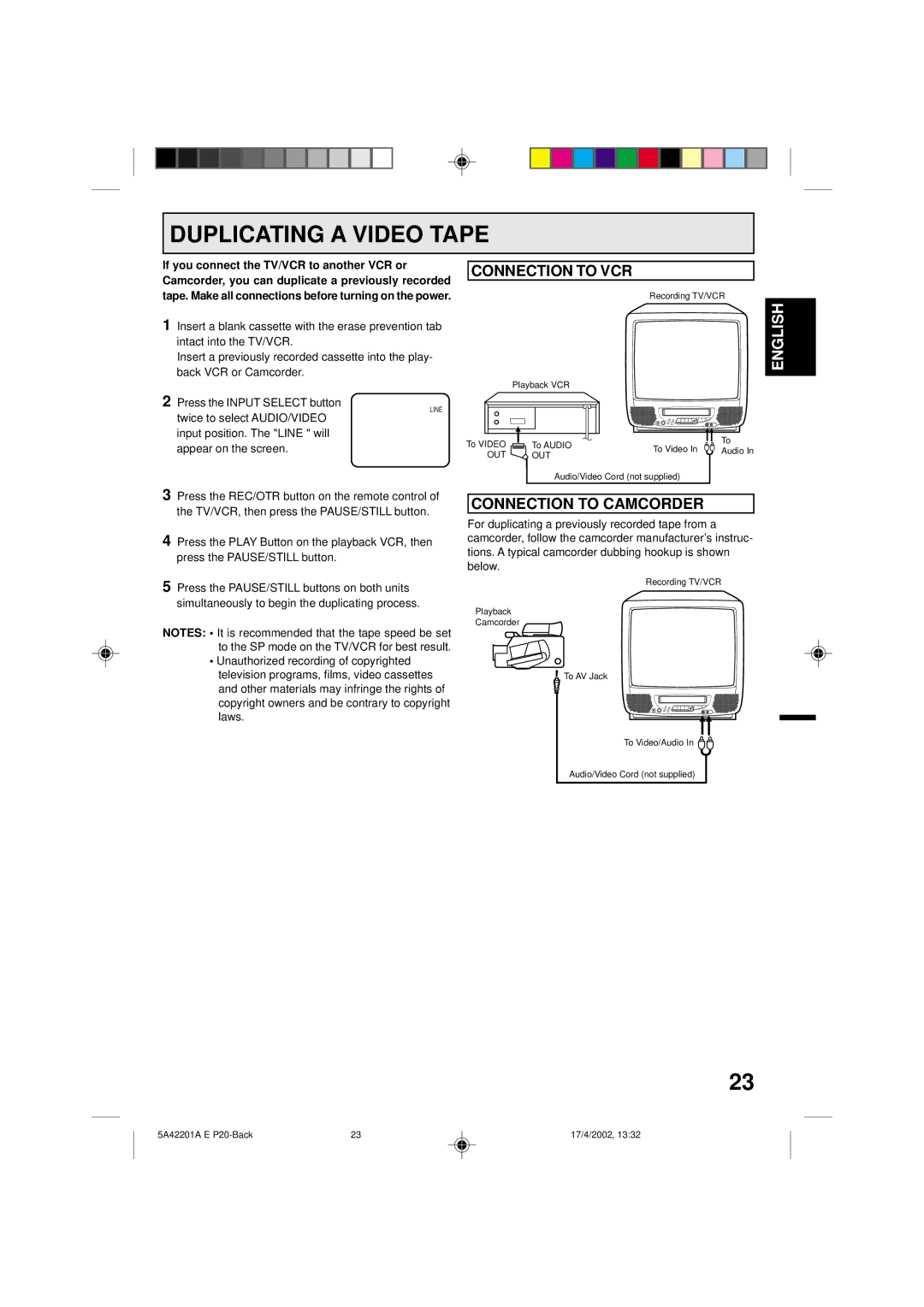 Memorex MVT2197, MVT2199 owner manual Duplicating a Video Tape, Connection to VCR, Connection to Camcorder 