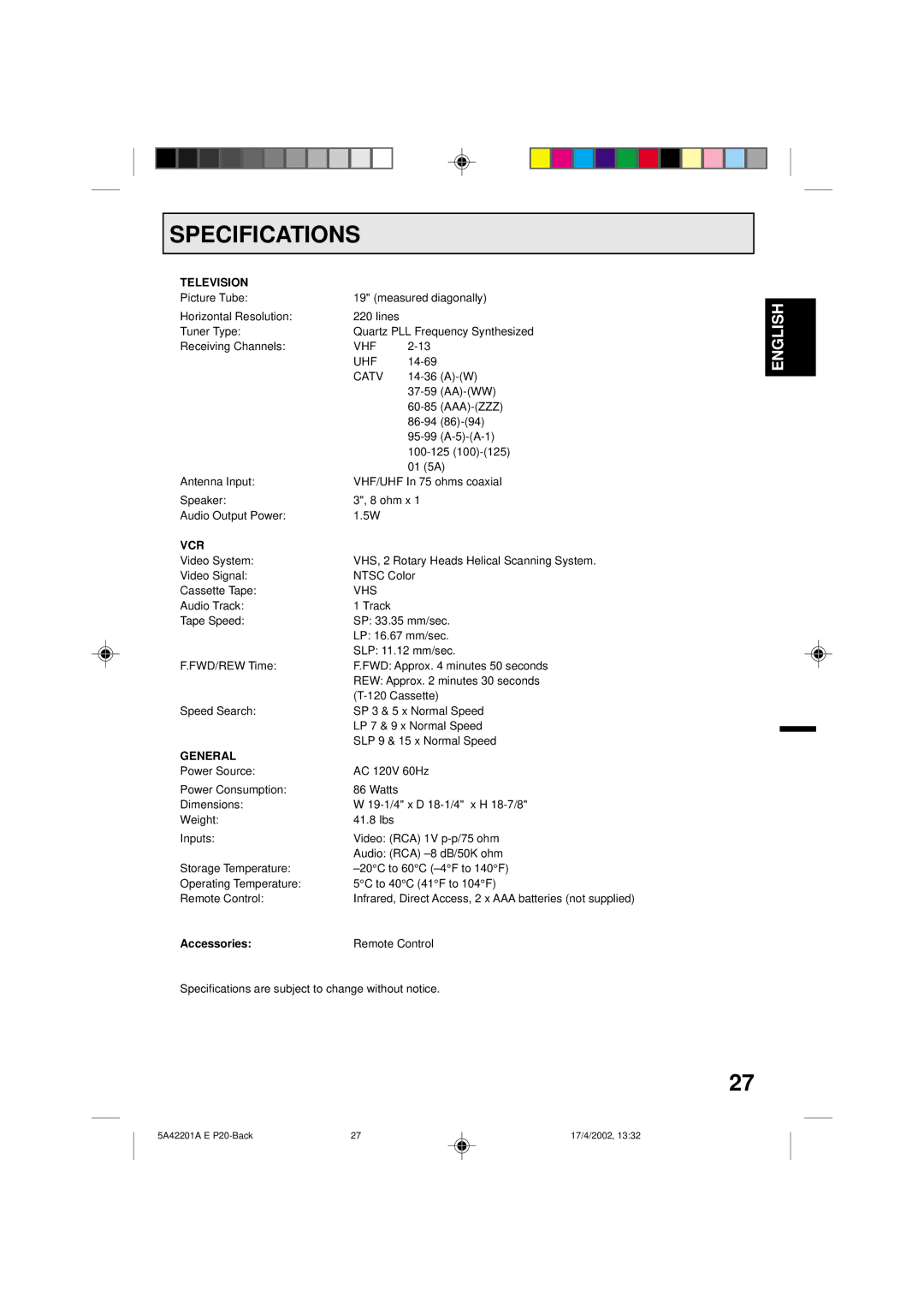 Memorex MVT2197, MVT2199 owner manual Specifications, Television, Vcr, General, Accessories 