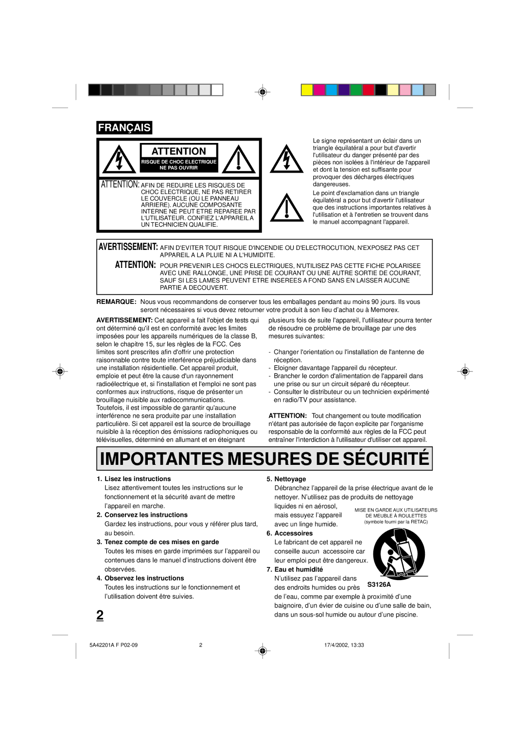 Memorex MVT2199, MVT2197 Lisez les instructions, Conservez les instructions, Tenez compte de ces mises en garde, Nettoyage 