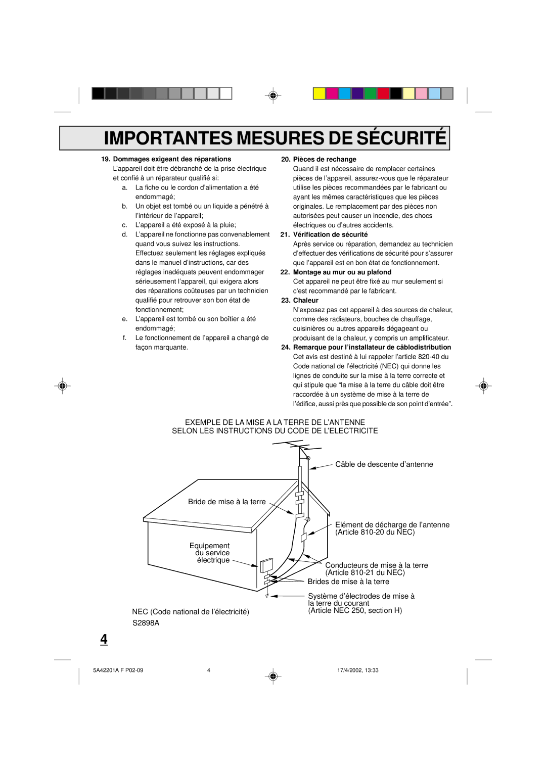 Memorex MVT2199 Dommages exigeant des ré parations, 20. Piè ces de rechange, 21. Vé rification de sé curité, Chaleur 