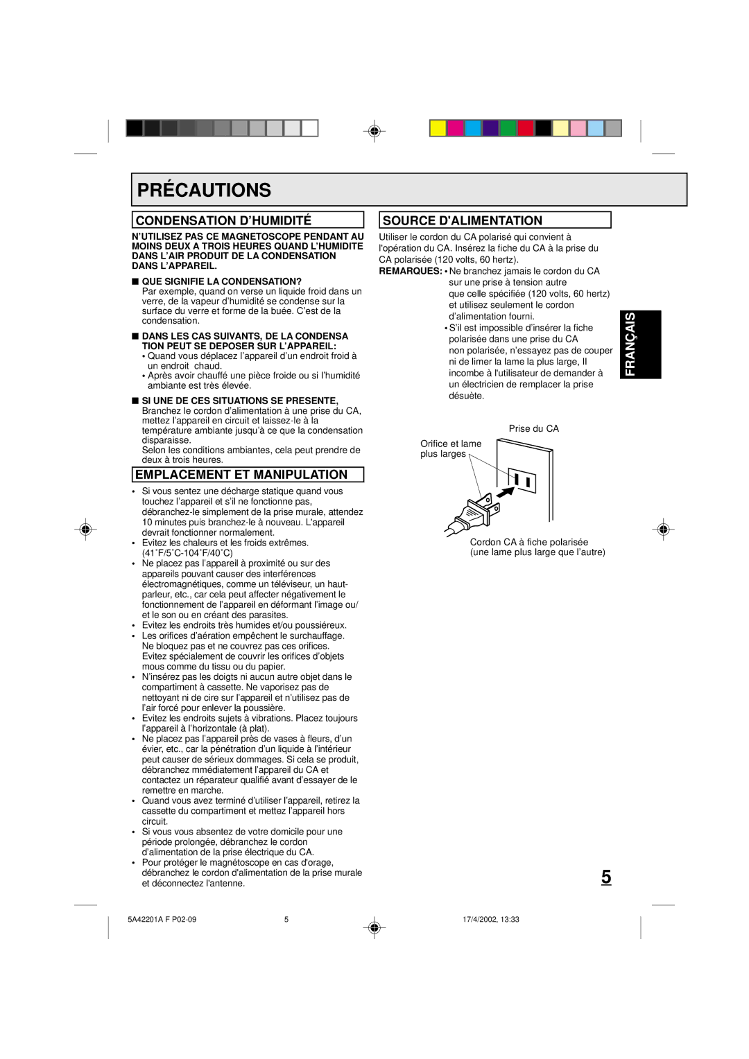 Memorex MVT2197, MVT2199 PRÉ Cautions, Condensation D’HUMIDITÉ, Emplacement ET Manipulation, Source Dalimentation 