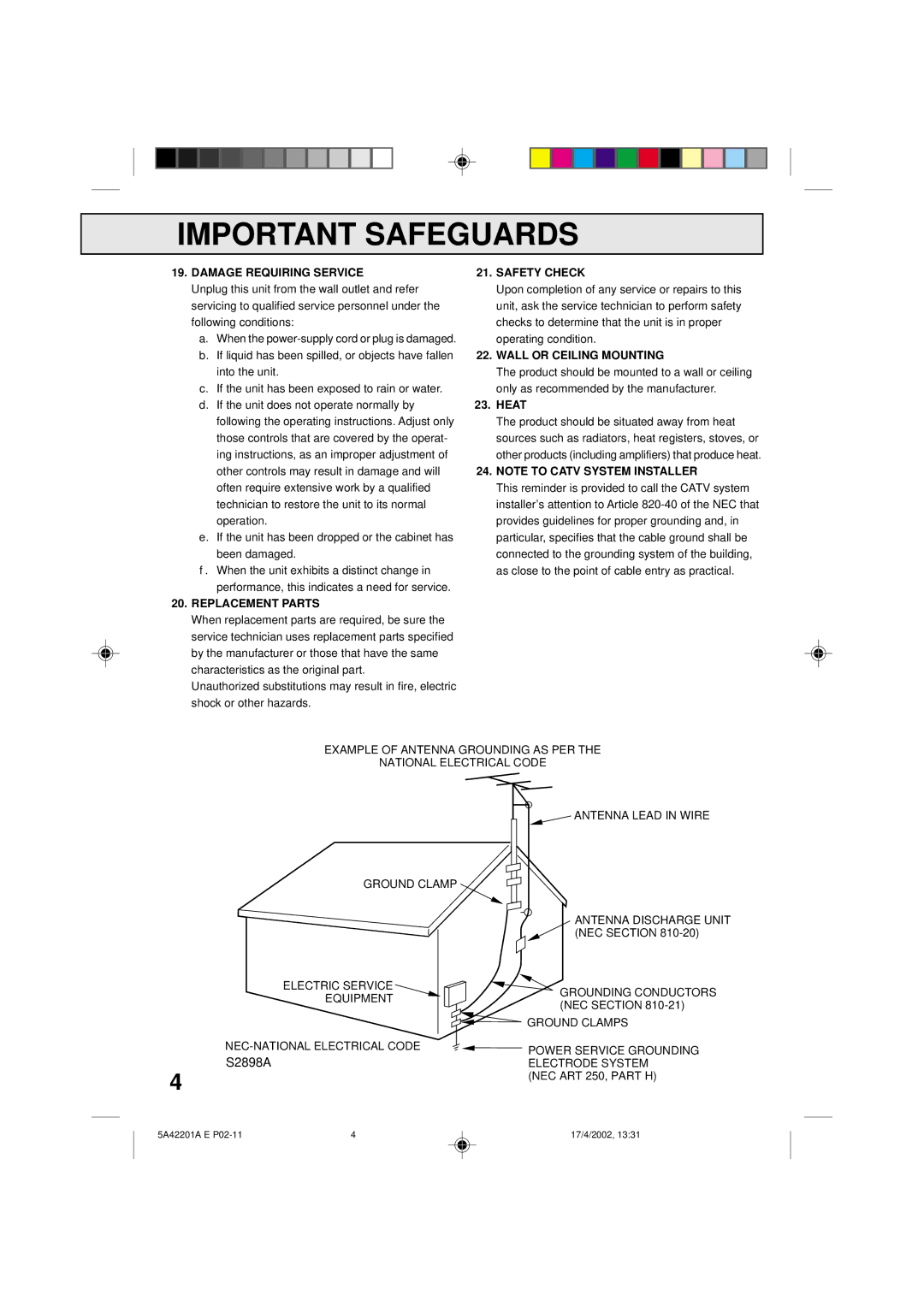 Memorex MVT2199, MVT2197 Damage Requiring Service, Replacement Parts Safety Check, Wall or Ceiling Mounting, Heat 