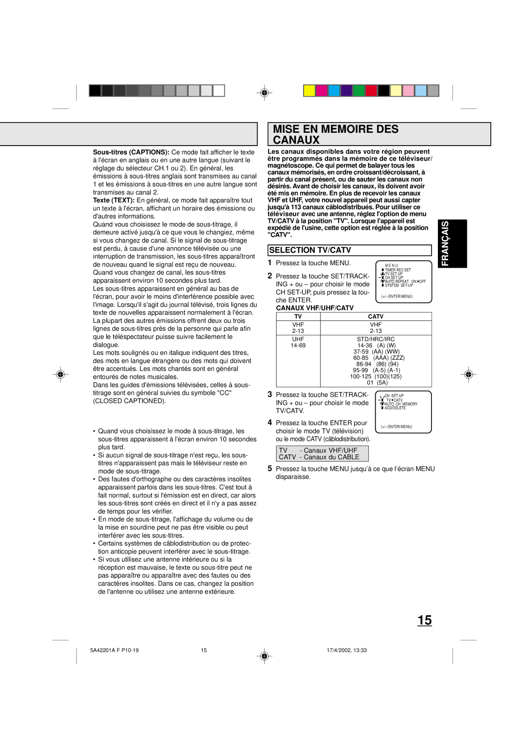 Memorex MVT2197, MVT2199 Mise EN Memoire DES Canaux, Selection TV/CATV, Les canaux disponibles dans votre ré gion peuvent 