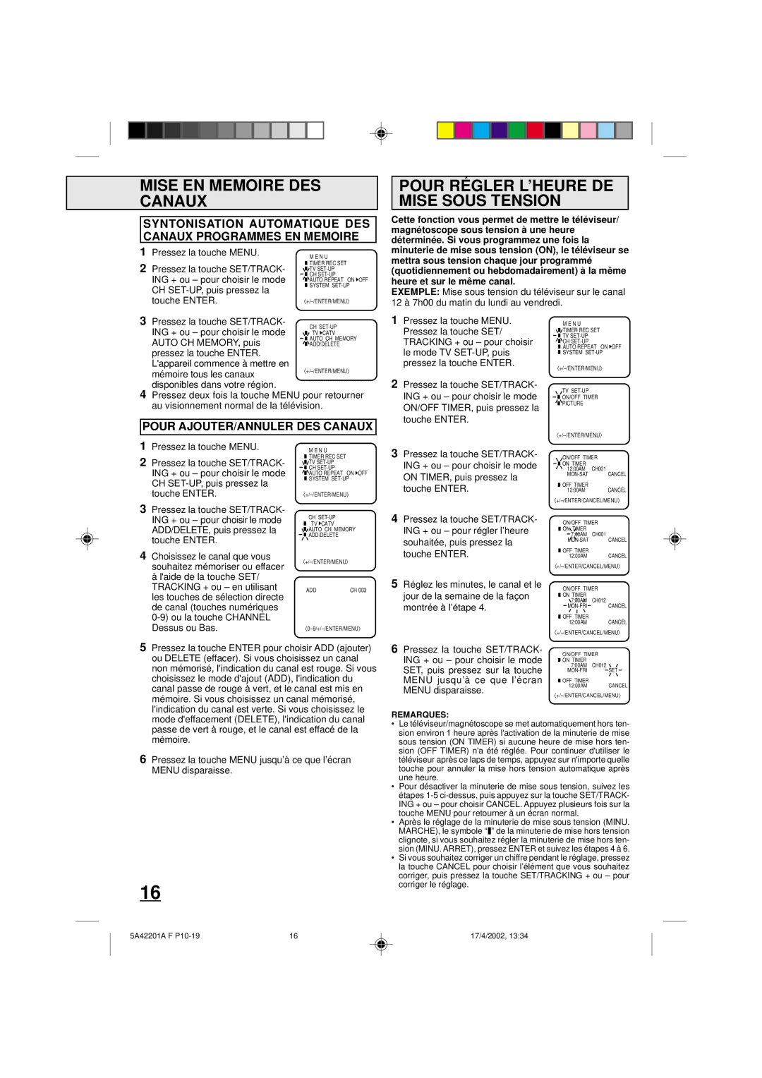 Memorex MVT2199 Pour RÉ Gler L’HEURE DE Mise Sous Tension, Syntonisation Automatique DES Canaux Programmes EN Memoire 