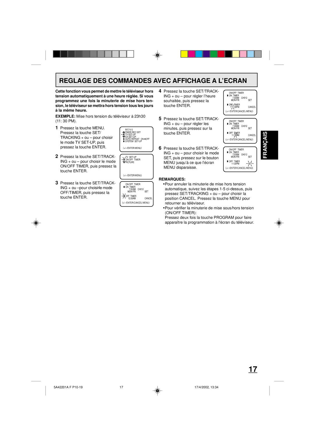 Memorex MVT2197 Reglage DES Commandes Avec Affichage a L’ECRAN, Exemple Mise hors tension du téléviseur à 23h30 11 30 PM 