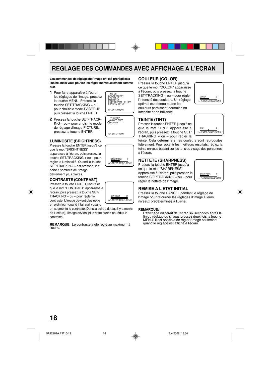 Memorex MVT2199, MVT2197 owner manual Couleur Color, Teinte Tint, Nettete Sharpness, Remise a Letat Initial 