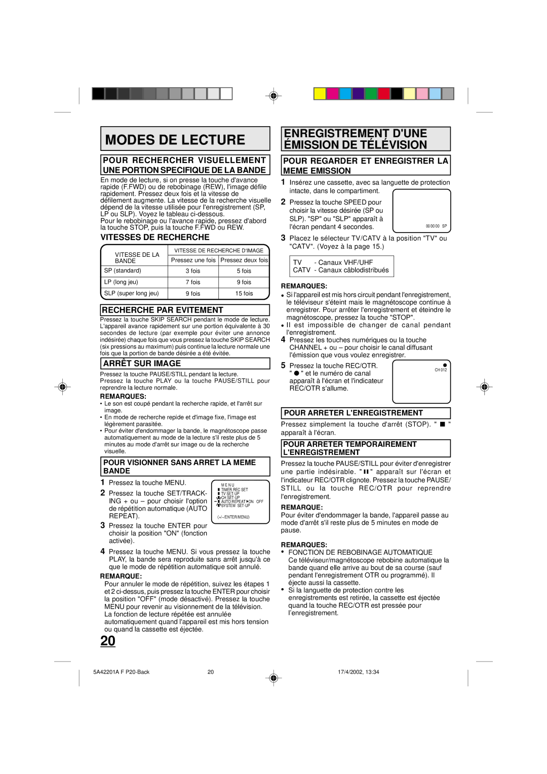 Memorex MVT2199, MVT2197 owner manual Modes DE Lecture, Enregistrement Dune É Mission DE TÉ LÉ Vision 