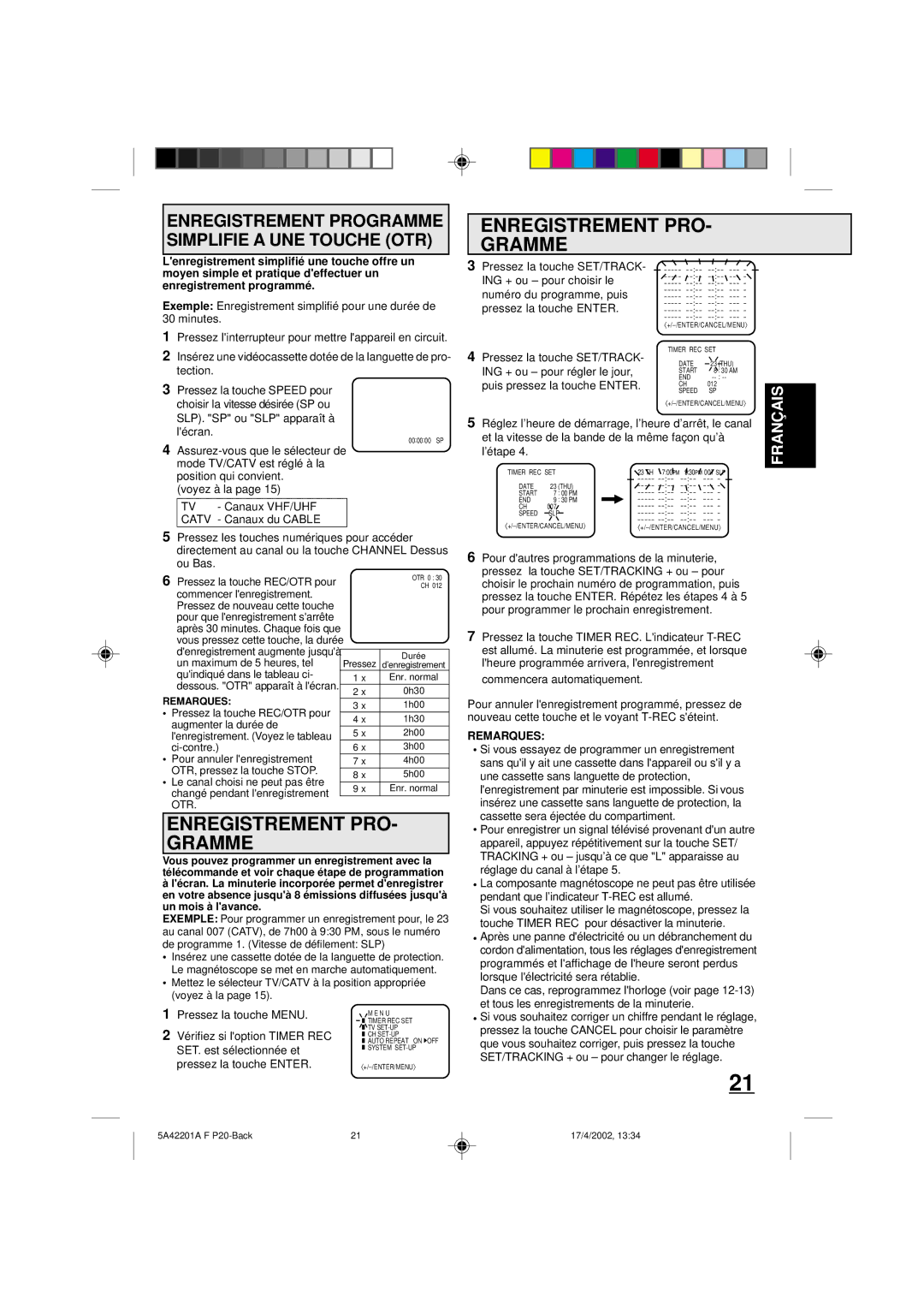 Memorex MVT2197, MVT2199 owner manual Enregistrement PRO- Gramme, Enregistrement PRO Gramme 