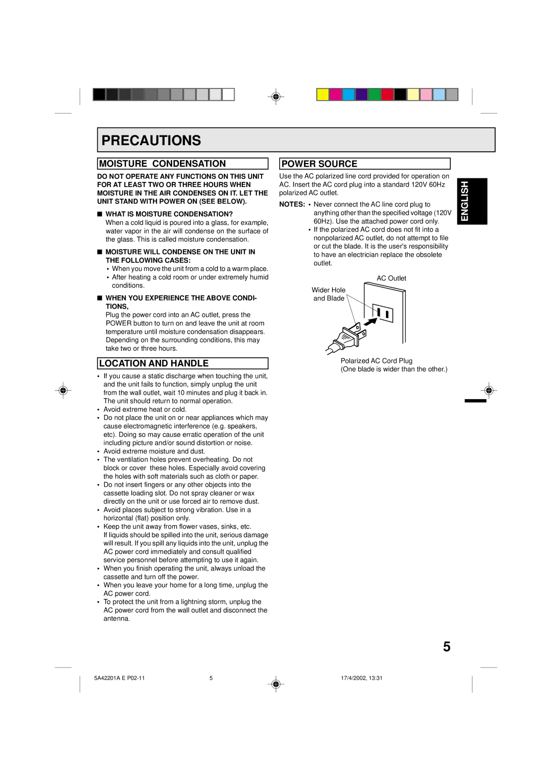 Memorex MVT2197, MVT2199 owner manual Precautions, Moisture Condensation, Location and Handle, Power Source 