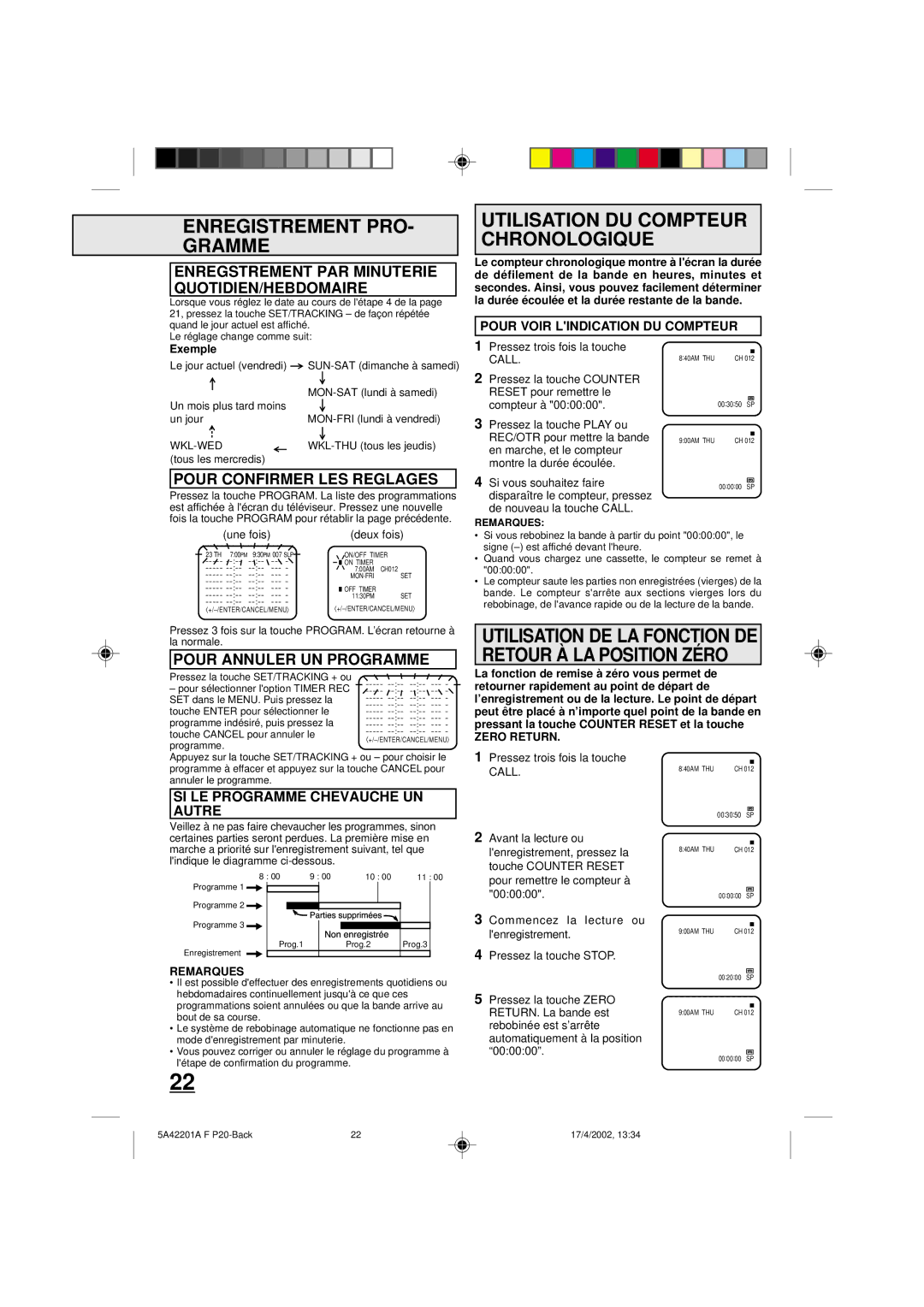 Memorex MVT2199, MVT2197 Utilisation DU Compteur Chronologique, Enregstrement PAR Minuterie QUOTIDIEN/HEBDOMAIRE 