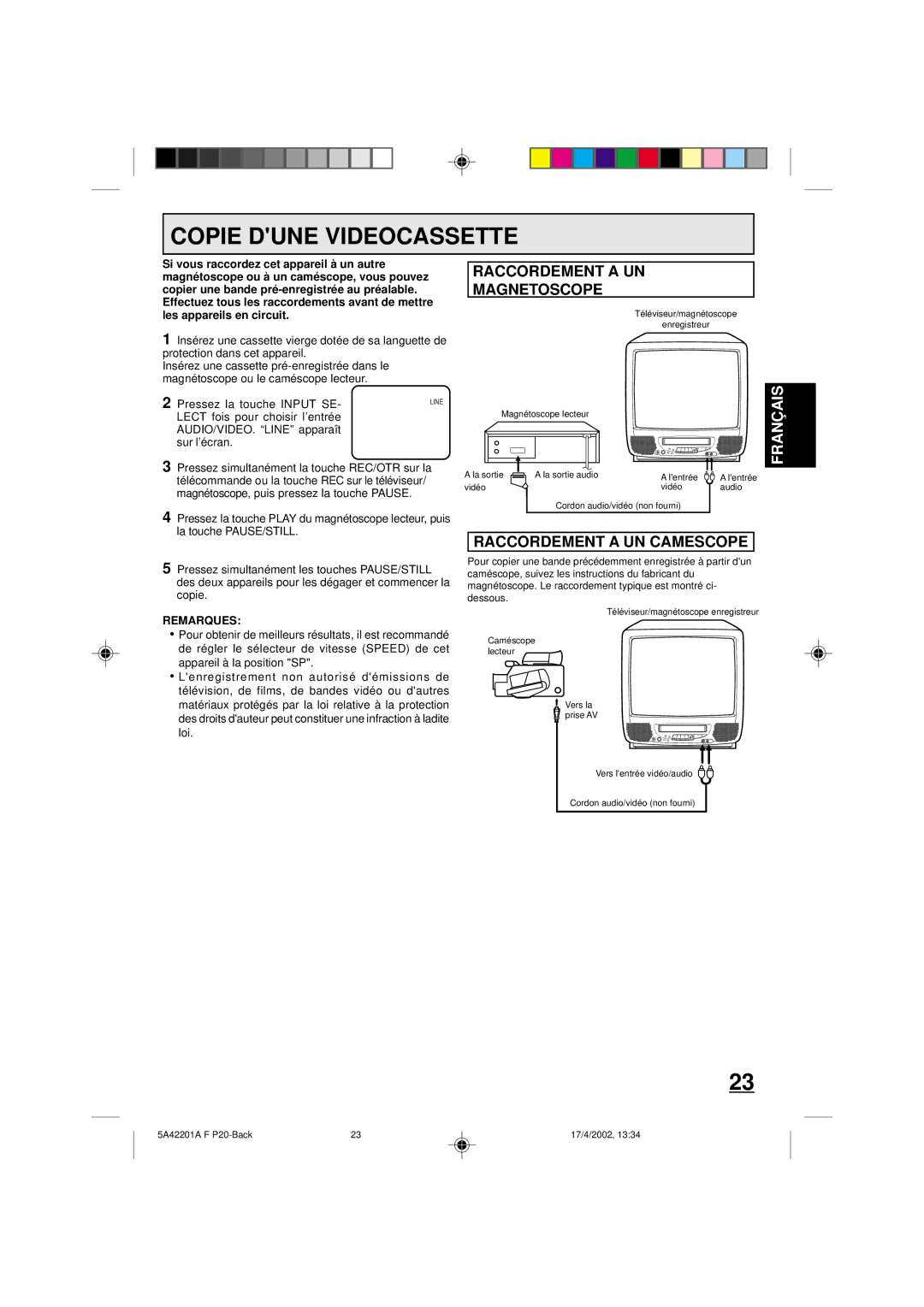 Memorex MVT2197, MVT2199 owner manual Copie Dune Videocassette, Magnetoscope, Raccordement a UN Camescope 