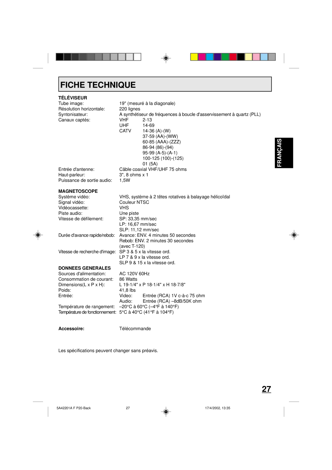 Memorex MVT2197, MVT2199 owner manual Fiche Technique, TÉ LÉ Viseur, Magnetoscope, Donnees Generales 