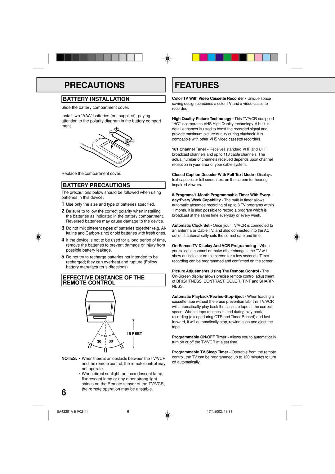 Memorex MVT2199 Precautions Features, Battery Installation, Battery Precautions, Effective Distance of the Remote Control 