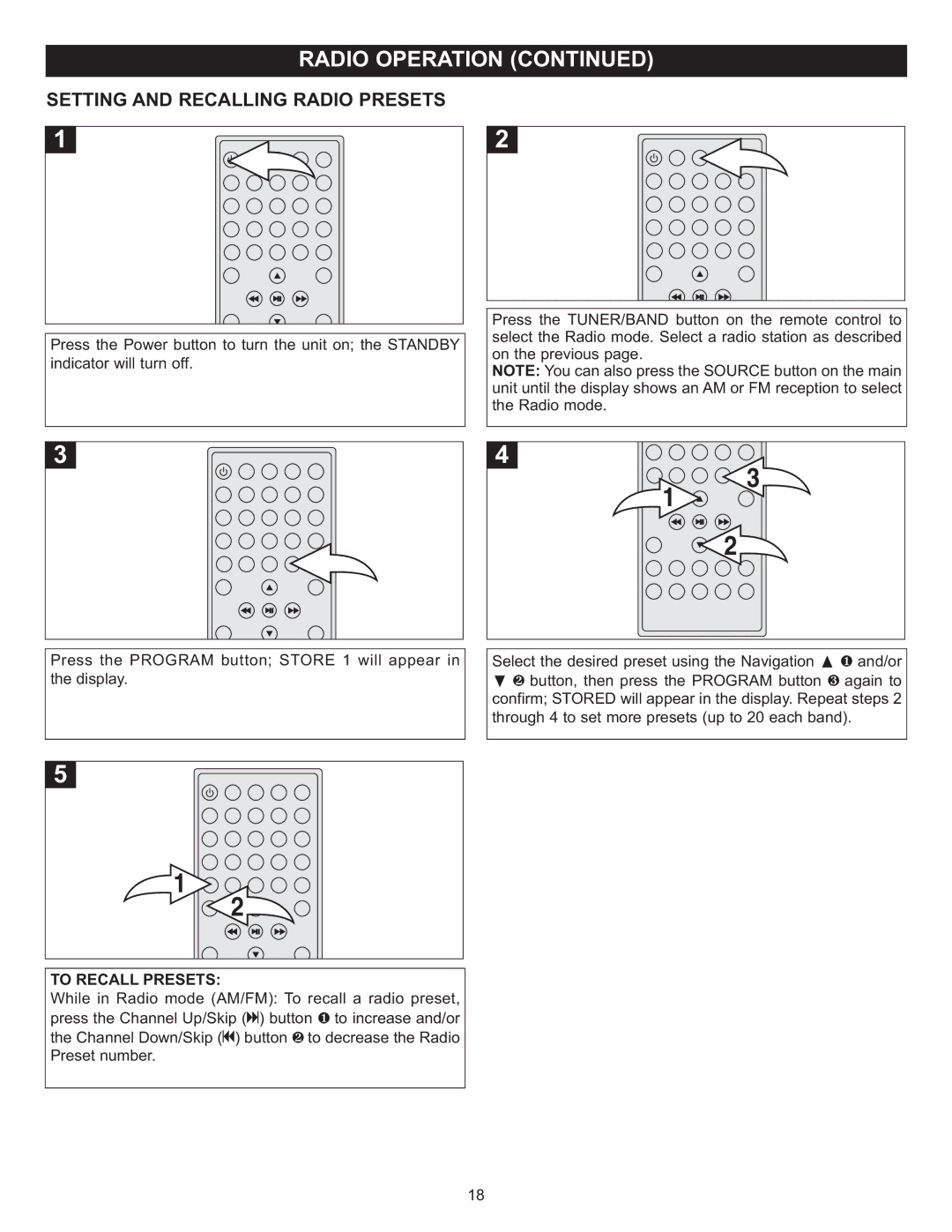 Memorex MVUC821 manual Setting and Recalling Radio Presets, To Recall Presets 