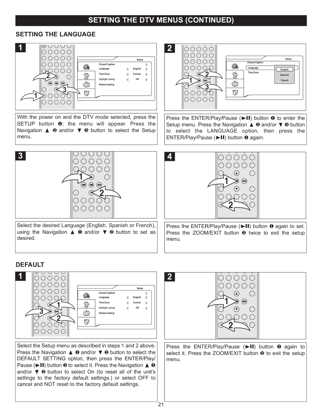 Memorex MVUC821 manual Setting the Language, Default 