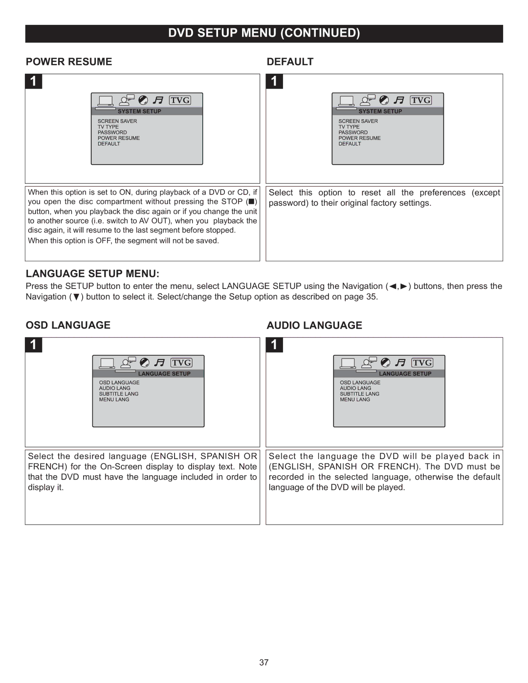 Memorex MVUC821 manual Power Resume, Language Setup Menu, OSD Language Audio Language 