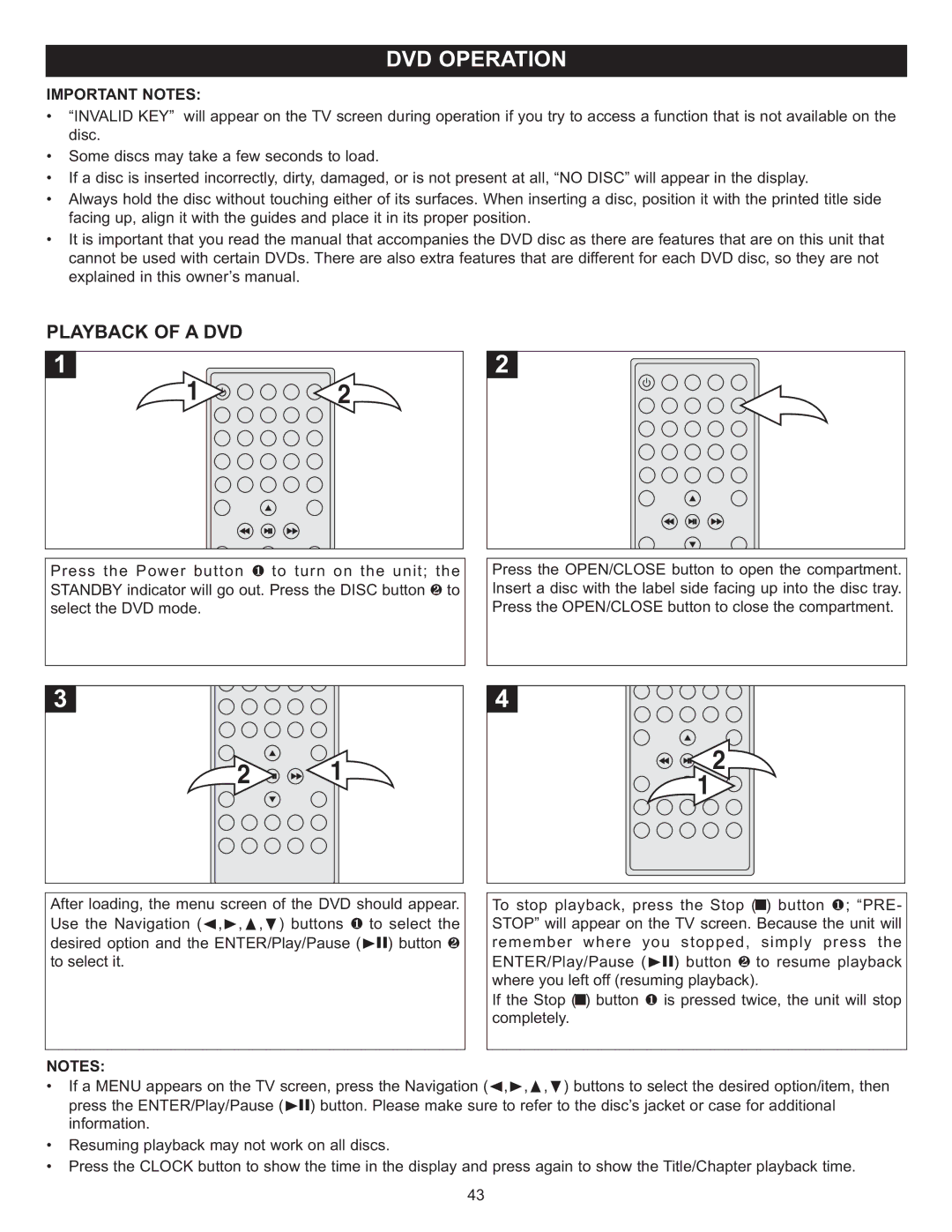 Memorex MVUC821 manual Playback of a DVD, Important Notes 