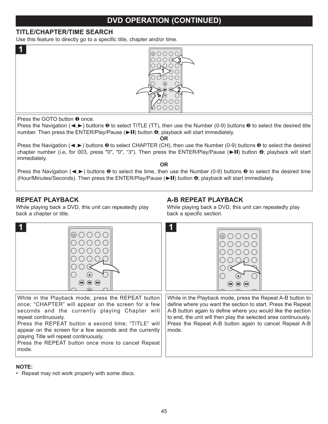 Memorex MVUC821 manual TITLE/CHAPTER/TIME Search, Repeat Playback 