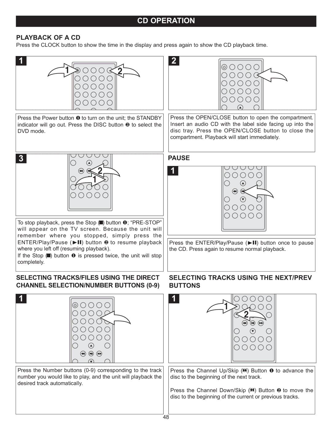 Memorex MVUC821 manual Playback of a CD, Pause, Selecting Tracks Using the NEXT/PREV Buttons 