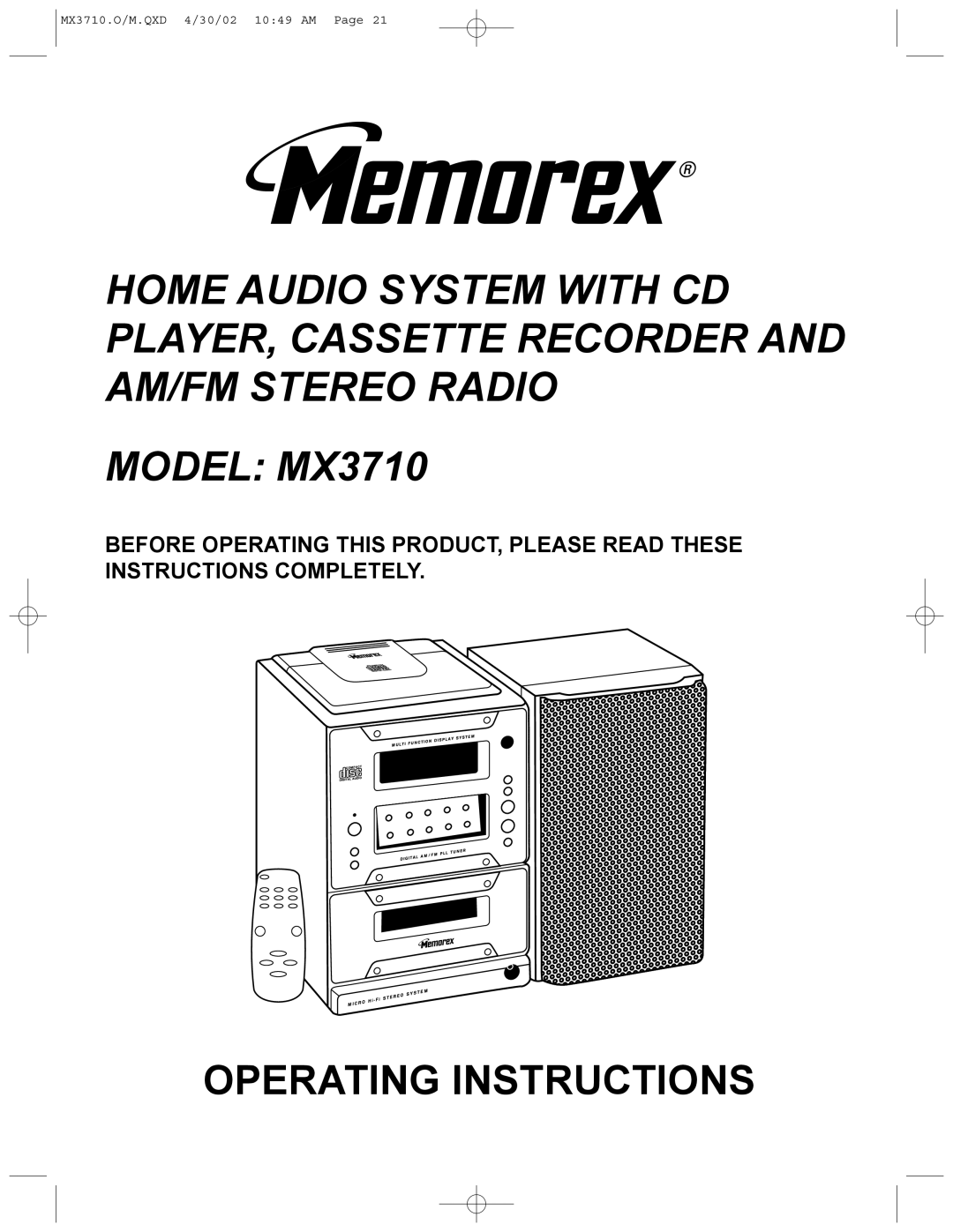 Memorex MX3710 manual Operating Instructions 