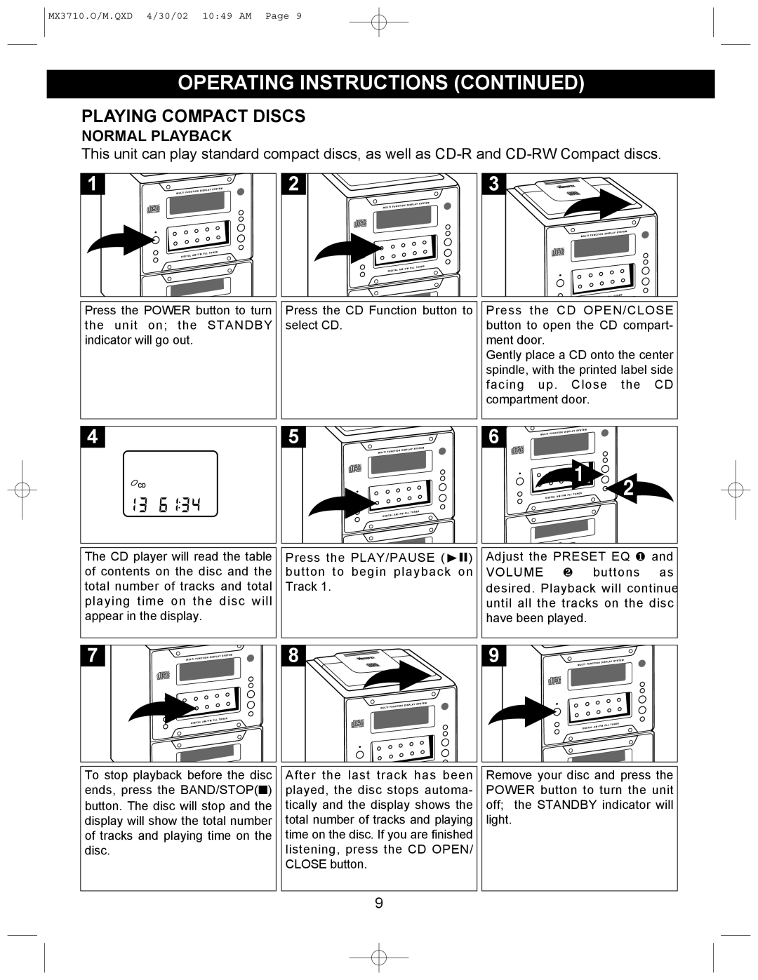 Memorex MX3710 manual Playing Compact Discs, Normal Playback 