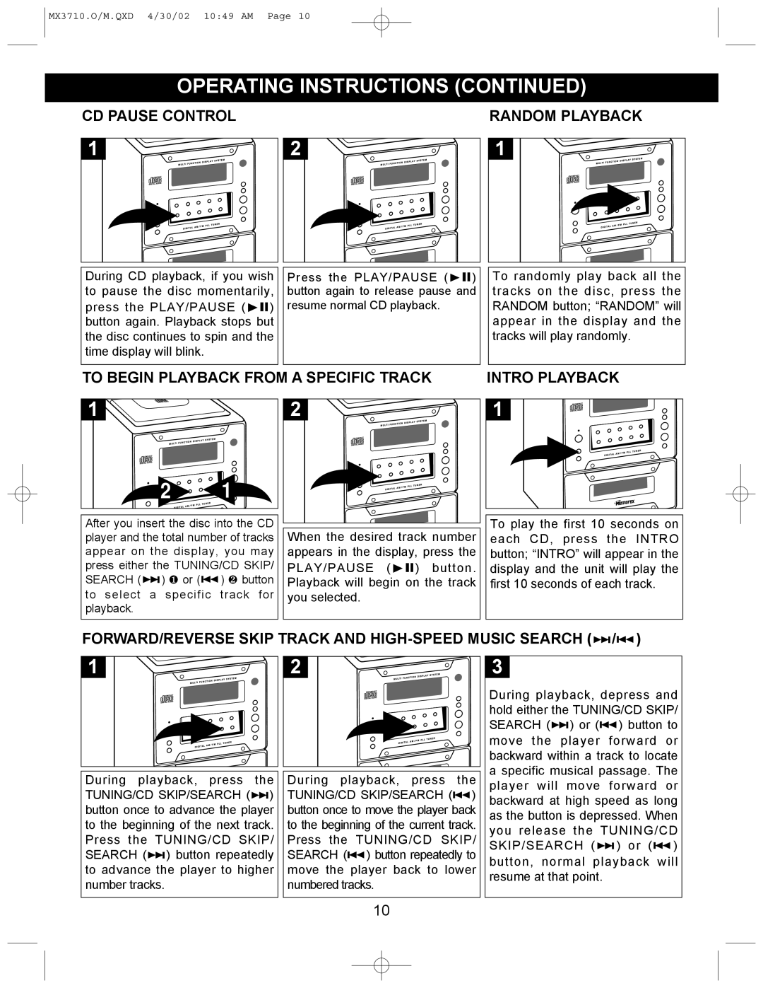 Memorex MX3710 manual CD Pause Control, To Begin Playback from a Specific Track 