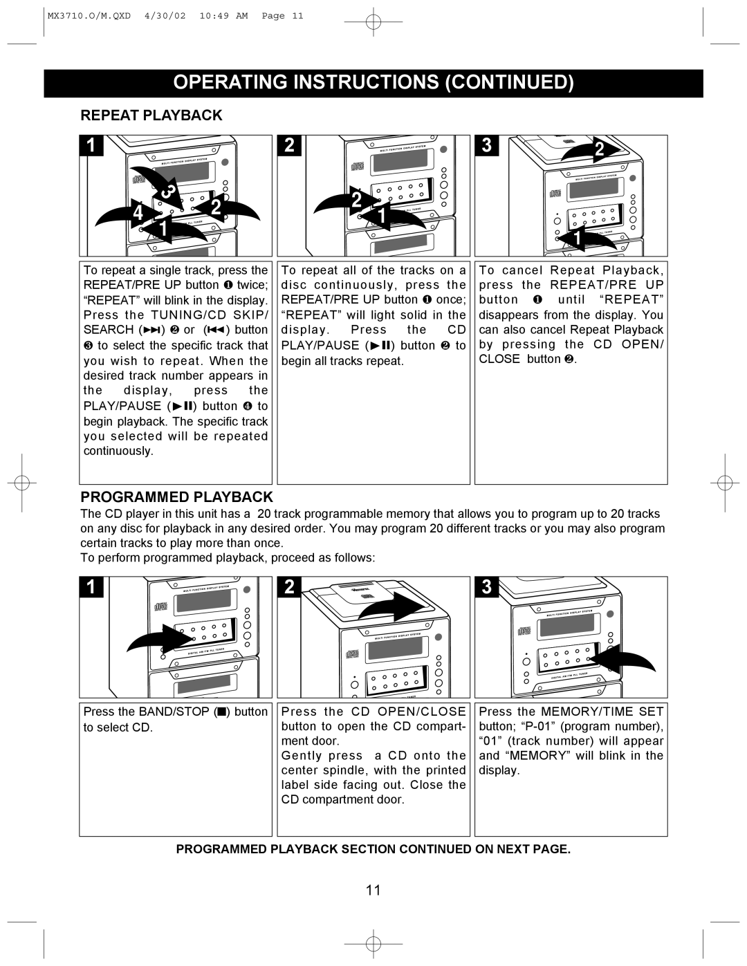 Memorex MX3710 manual Repeat Playback, Programmed Playback 