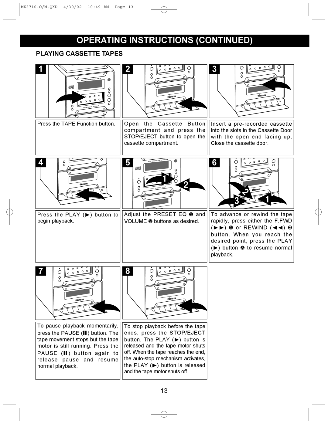 Memorex MX3710 manual Playing Cassette Tapes 
