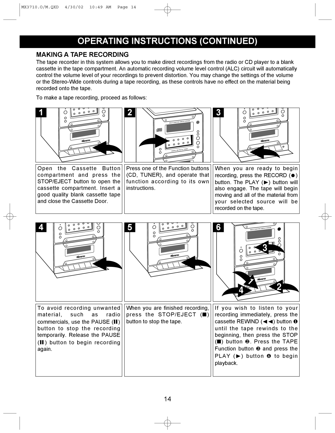 Memorex MX3710 manual Making a Tape Recording 