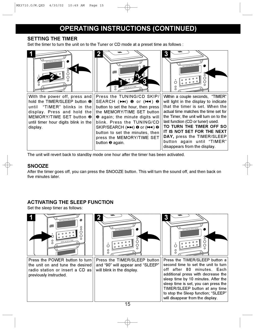 Memorex MX3710 manual Setting the Timer, Snooze, Activating the Sleep Function 