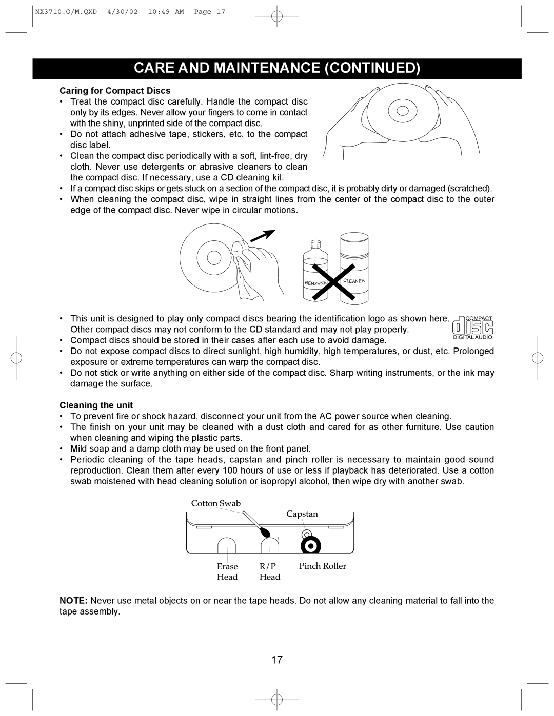 Memorex MX3710 manual Care and Maintenance, Caring for Compact Discs 