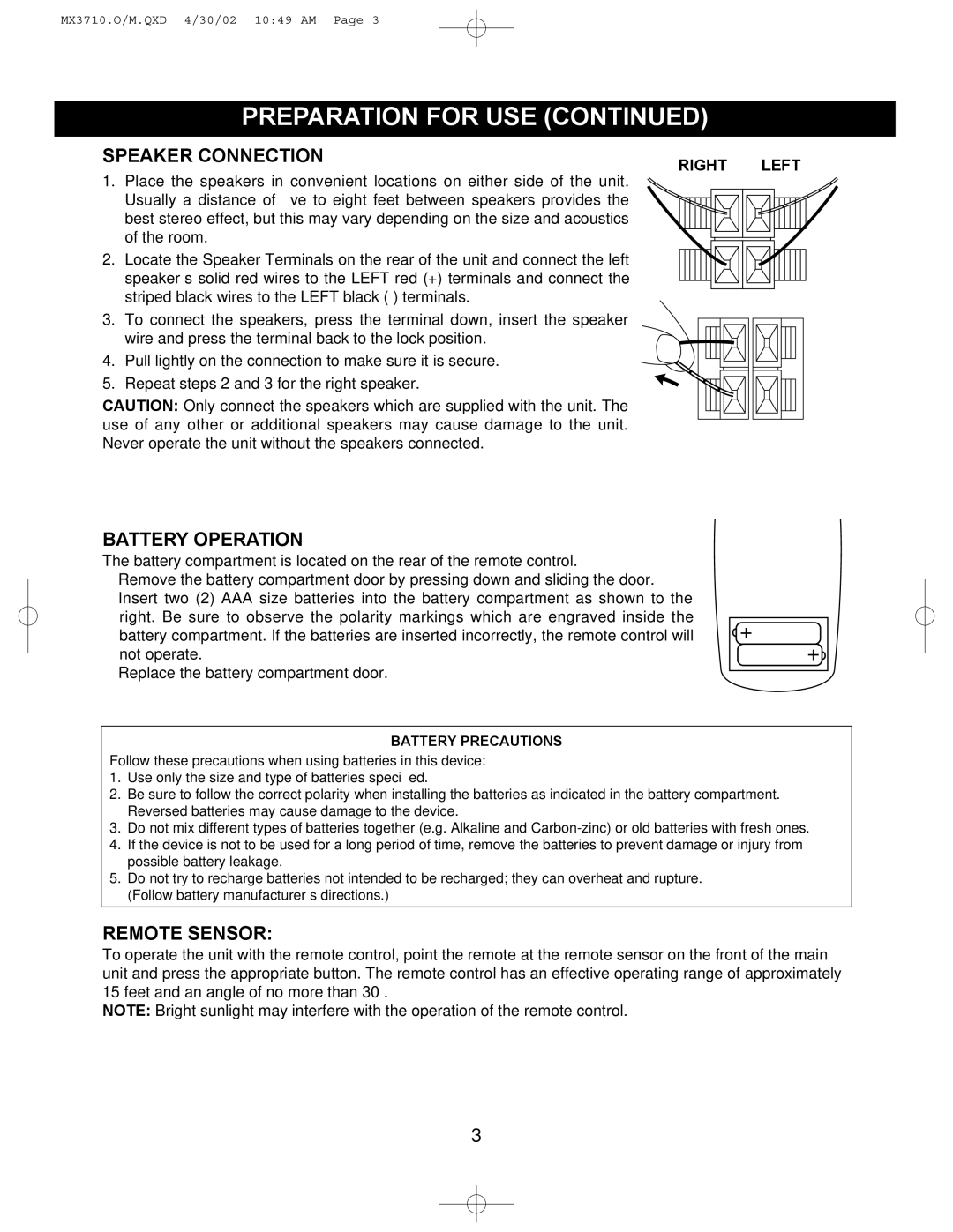 Memorex MX3710 manual Preparation for USE, Speaker Connection, Battery Operation, Remote Sensor 