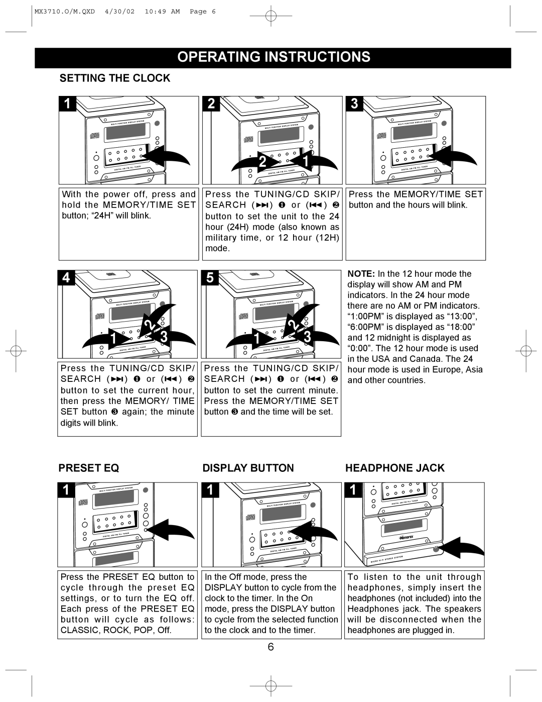 Memorex MX3710 manual Operating Instructions, Setting the Clock, Preset EQ Display Button 