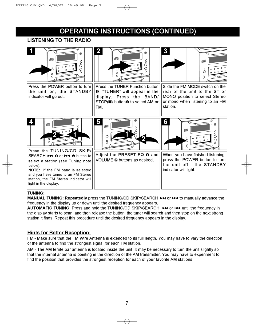 Memorex MX3710 manual Listening to the Radio, TUNING/CD Skip 