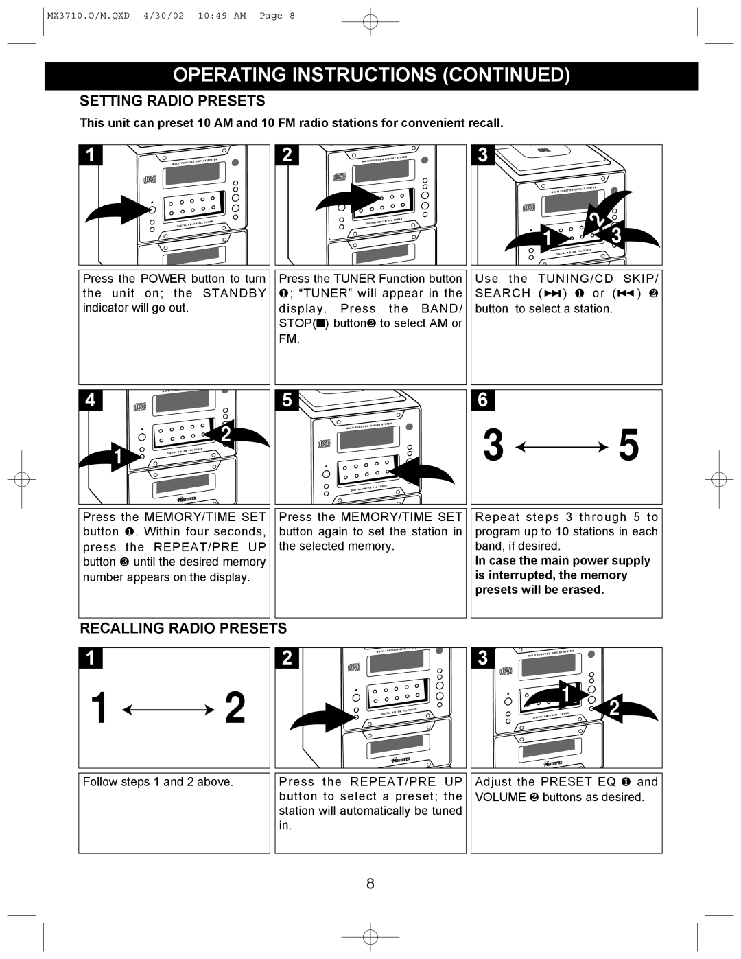 Memorex MX3710 manual Setting Radio Presets, Recalling Radio Presets 