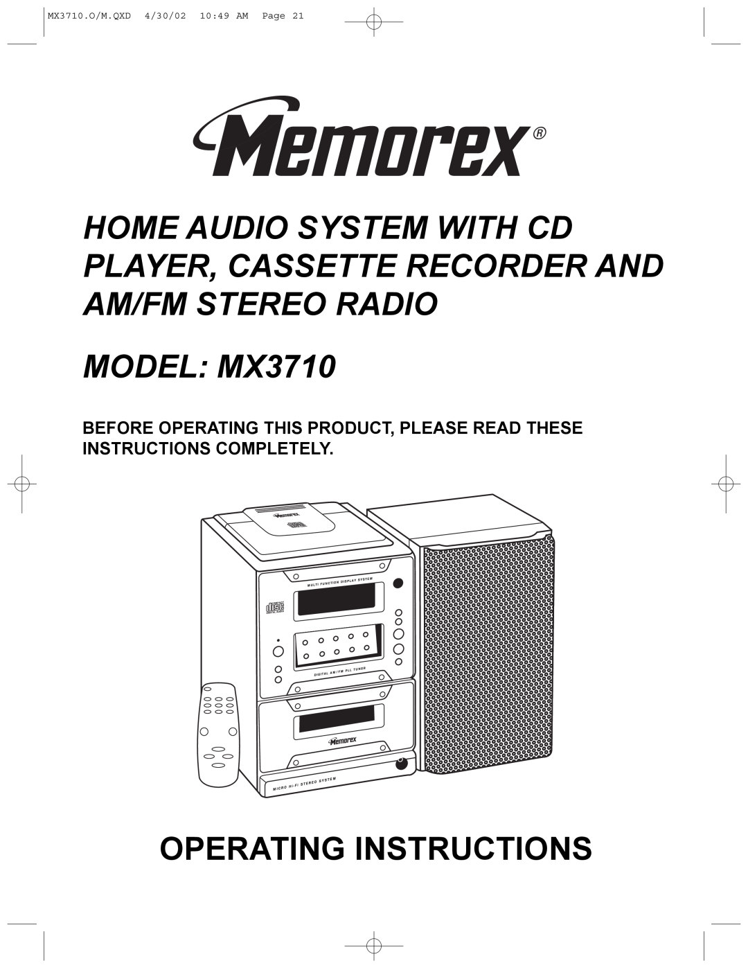 Memorex manual MODEL MX3710, Operating Instructions, MX3710.O/M.QXD 4/30/02 10 49 AM Page 