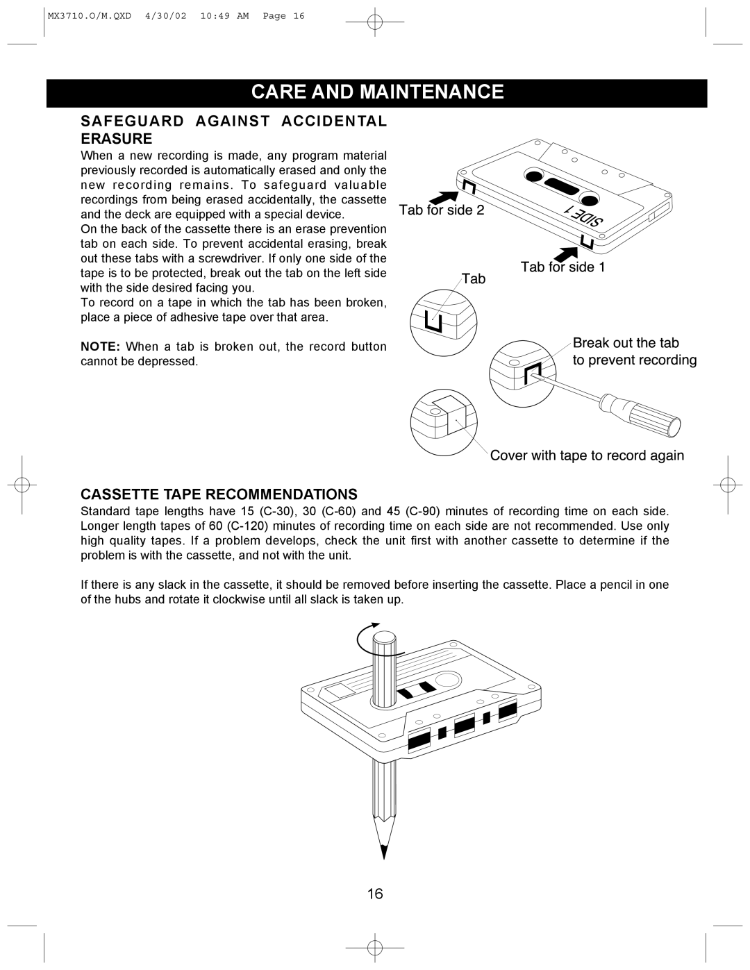 Memorex MX3710 manual Coverwithtapetorecordagain, Safeguard Against Accidental Erasure, Cassette Tape Recommendations 