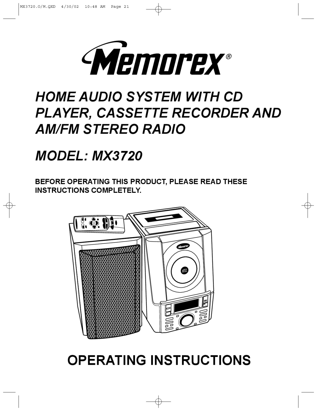 Memorex MX3720 manual Operating Instructions 